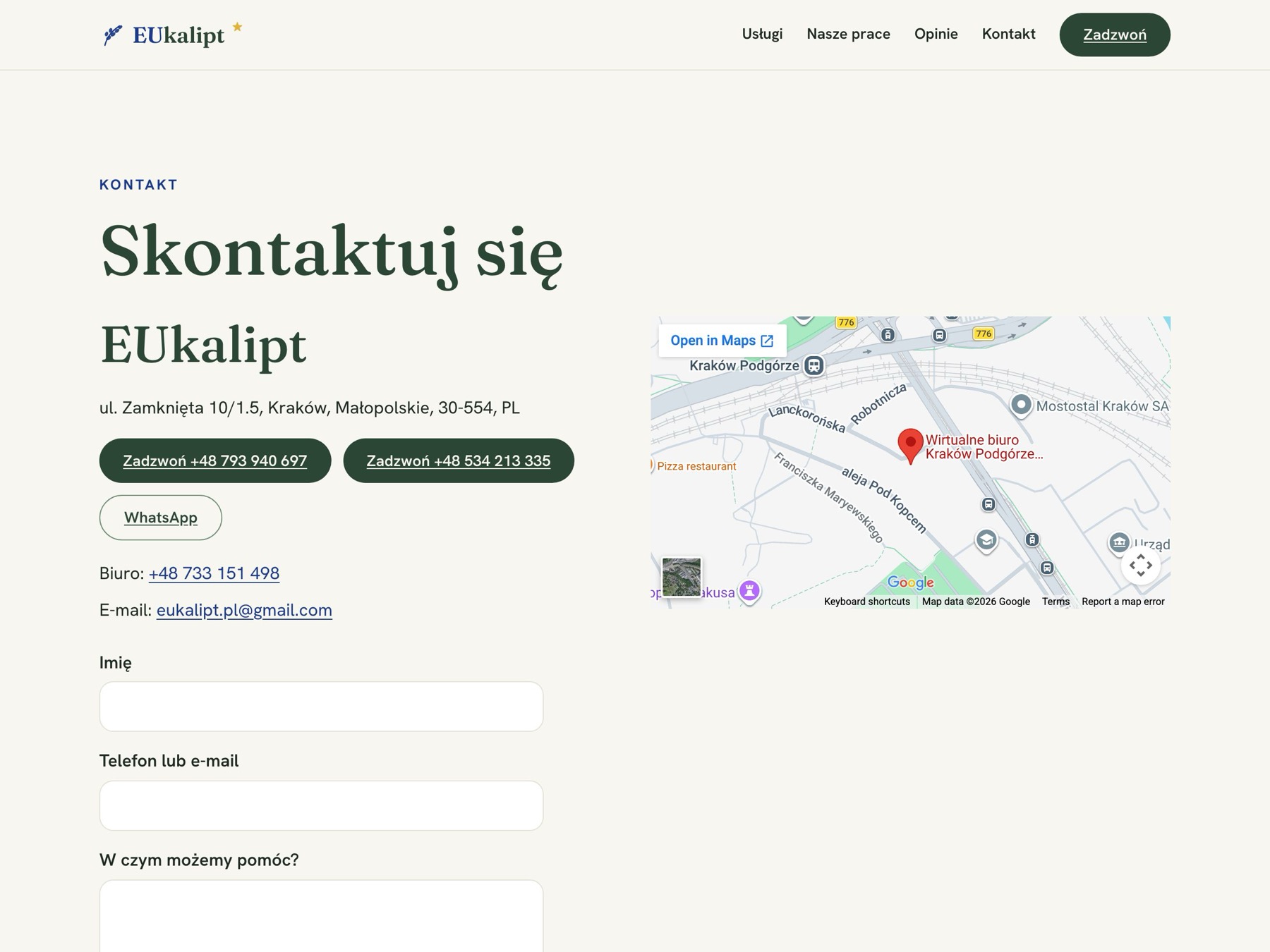 Strona kontaktowa z formularzem