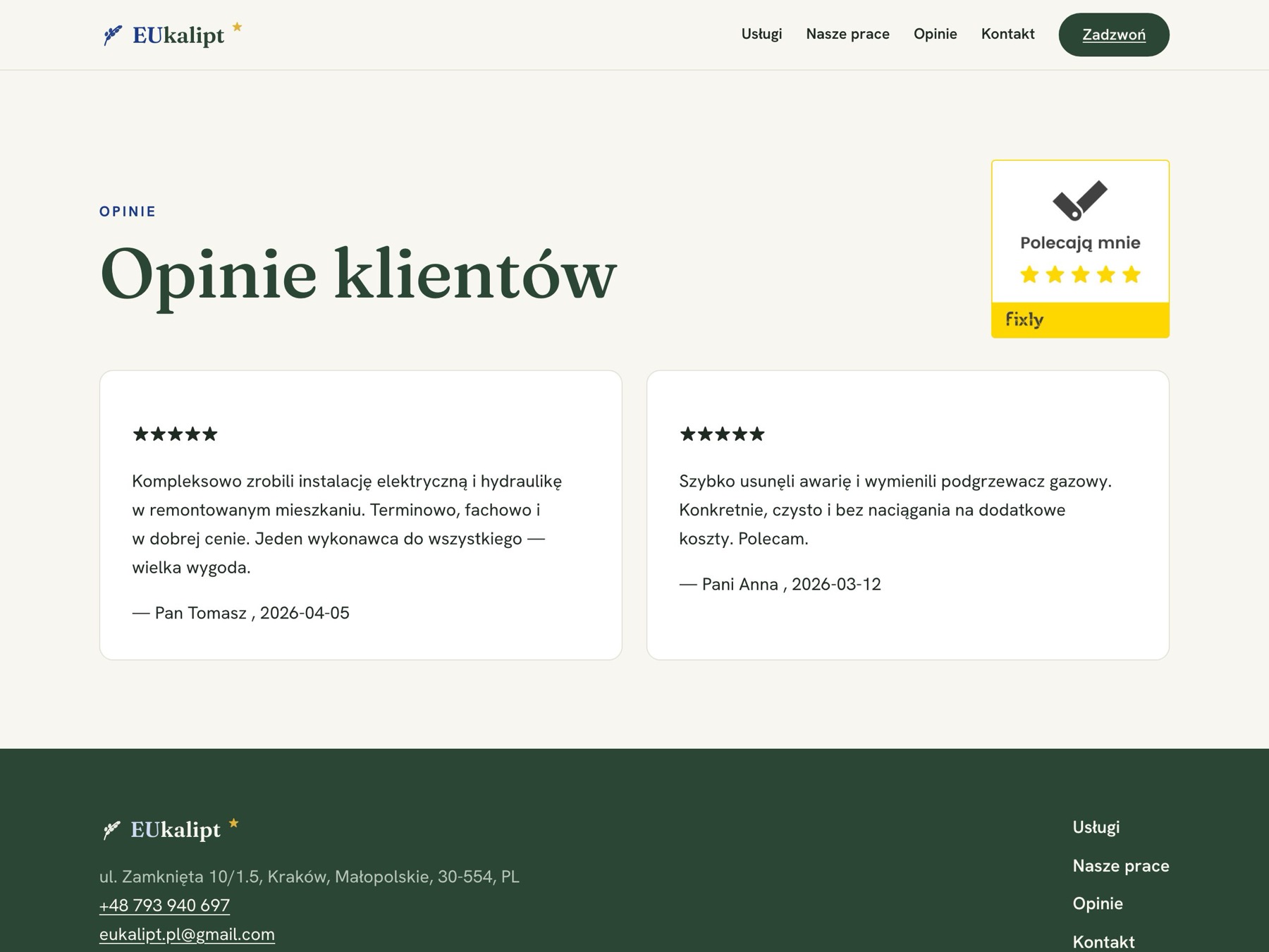 Sekcja opinii klientów