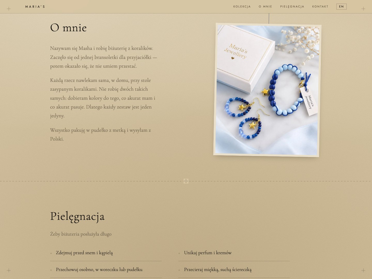 Sekcja o autorce i zasady pielęgnacji biżuterii